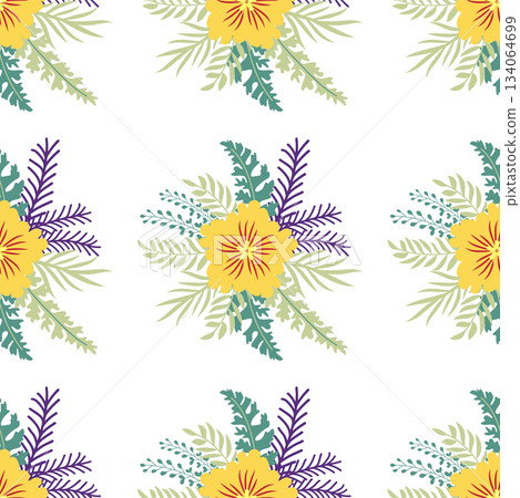 Floral ornament, detailed yellow flowers. Vintage background and old-fashioned floral texture. Repeating design for decor and fabric. 134064699