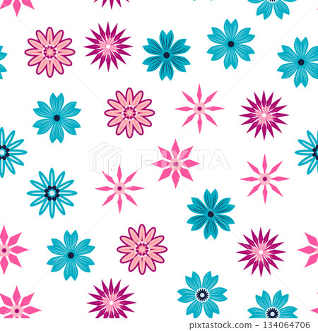 Simple floral ornament. Abstract vector seamless pattern with large flowers. Vintage background in blue and pink. Old-fashioned floral texture 134064706