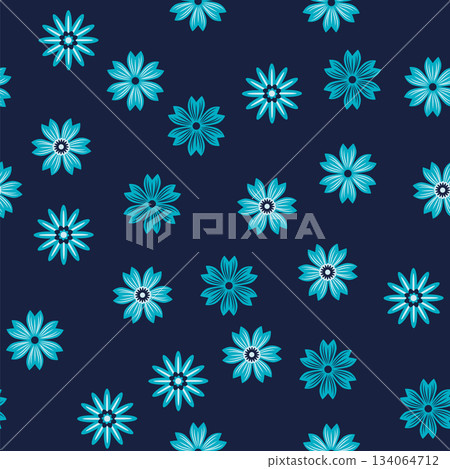 Simple floral ornament. Abstract vector seamless pattern with large flowers. Vintage background in blue and pink. Old-fashioned floral texture 134064712