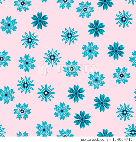 Simple floral ornament. Abstract vector seamless pattern with large flowers. Vintage background in blue and pink. Old-fashioned floral texture 134064715