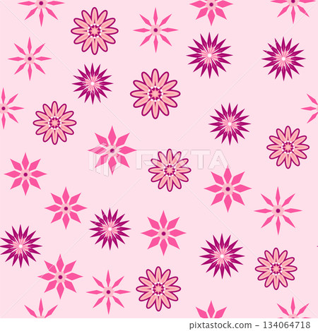 Simple floral ornament. Abstract vector seamless pattern with large flowers. Vintage background in blue and pink. Old-fashioned floral texture 134064718