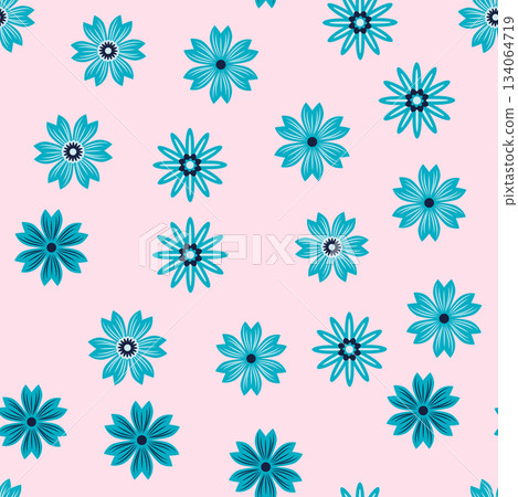 Simple floral ornament. Abstract vector seamless pattern with large flowers. Vintage background in blue and pink. Old-fashioned floral texture 134064719