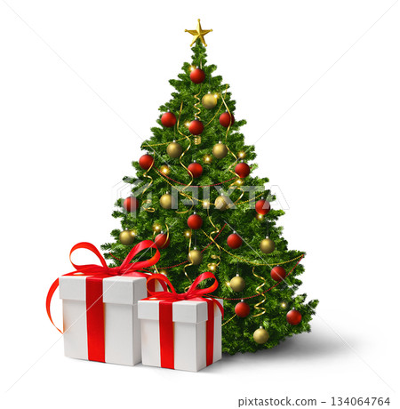 A Beautifully Festively Decorated Christmas Tree Surrounded by Gifts A Beautifully Festively Decorated Christmas Tree Surrounded by Gifts 134064764