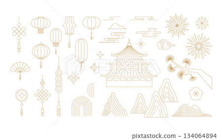 Golden Chinese linear illustrations and decorative elements collection 134064894