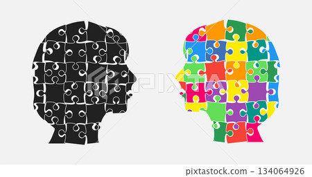 Head woman and man puzzle pieces, mental disorder 134064926
