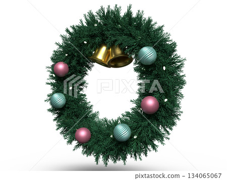 3D illustration of a Christmas wreath decorated with ornaments 134065067