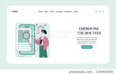 Vector illustration featuring a person analyzing mobile optimization strategies. A large smartphone displays data with a magnifying glass highlighting key elements for strategy improvement. 134065095