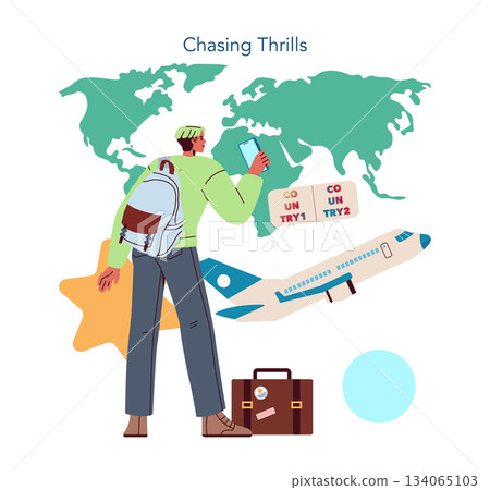 Vector illustration of a traveler using a smartphone and map to plan a trip. Includes an airplane, suitcase, and travel tickets, emphasizing adventure and exploration. Vector illustration of a traveler using a smartphone and map to plan a trip. Includes an airplane, suitcase, and travel tickets, emphasizing adventure and exploration. 134065103