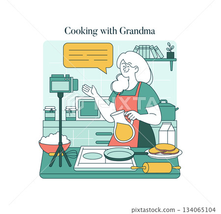 Vector illustration showing a cheerful woman cooking in a kitchen. She holds a pitcher and prepares a meal, engaging with an online audience. Kitchen tools and ingredients surround her. 134065104