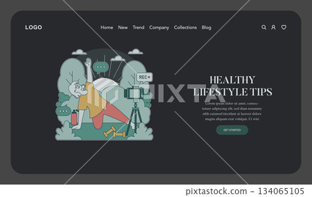 Vector illustration of a woman recording a healthy lifestyle video surrounded by fitness elements. She is engaged in a yoga pose, with trees and chat bubbles in the background. 134065105