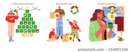 Festive vector illustration showcasing three activities: making an advent calendar, sharing kindness through gift-giving, and enjoying a mindful candle pause. Emphasizes holiday traditions and Festive vector illustration showcasing three activities: making an advent calendar, sharing kindness through gift-giving, and enjoying a mindful candle pause. Emphasizes holiday traditions and 134065106