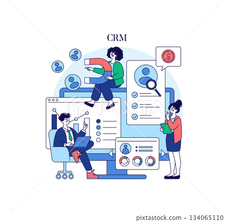 CRM vector design showing a team collaborating with technology to analyze customer data. Includes charts, graphs, and communication tools, highlighting modern business solutions. 134065110