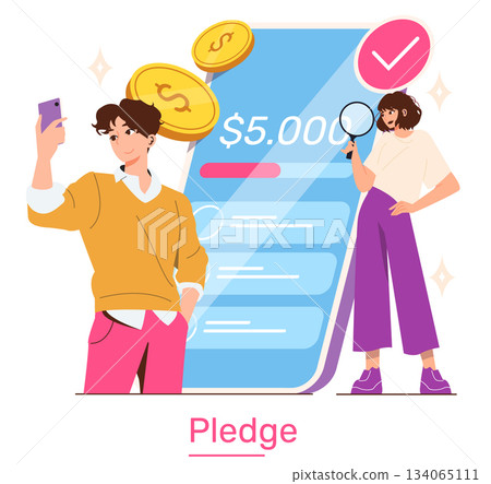 Vector illustration depicting two individuals engaging with a mobile app to make a $5,000 pledge. One person holds a phone, while the other examines the details with a magnifying glass. Vector illustration depicting two individuals engaging with a mobile app to make a $5,000 pledge. One person holds a phone, while the other examines the details with a magnifying glass. 134065111