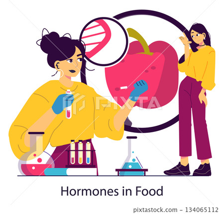 Vector illustration showing a scientist analyzing hormones in food. The image features a female scientist with a magnifying glass examining a fruit, highlighting food safety and research. 134065112