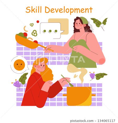 Vector illustration of two people engaged in cooking, demonstrating skill development. One person stirs a pot while another is slicing vegetables, highlighting teamwork and learning. 134065117