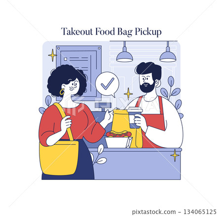 Happy interaction in a food establishment as a customer picks up a takeout bag from an employee at the counter. The vector illustration highlights the cheerful exchange. Happy interaction in a food establishment as a customer picks up a takeout bag from an employee at the counter. The vector illustration highlights the cheerful exchange. 134065125