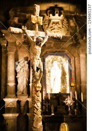 Crucifixion of Jesus Christ made from rock salt at the Wieliczka Salt Mine, a UNESCO World Heritage Site 134065137
