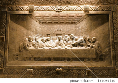 The "Last Judgment" relief made from rock salt at the Wieliczka Salt Mine, a UNESCO World Heritage Site 134065140