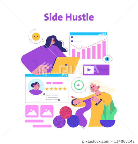 Vector illustration depicting creative side hustle activities. Two people engage in laptop work and knitting, surrounded by charts, ratings, and playful elements. Suitable for business and creative Vector illustration depicting creative side hustle activities. Two people engage in laptop work and knitting, surrounded by charts, ratings, and playful elements. Suitable for business and creative 134065142