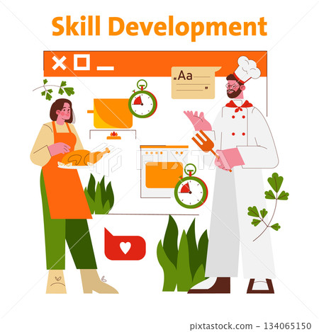 Vector illustration depicting a cooking skill development scenario with a chef and a student. The image highlights culinary learning, teamwork, and time management elements. 134065150