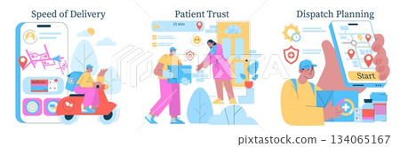 Medical delivery vector illustration showing a courier on a scooter with a mobile app for dispatch planning, highlighting efficient service, patient trust, and fast delivery. 134065167
