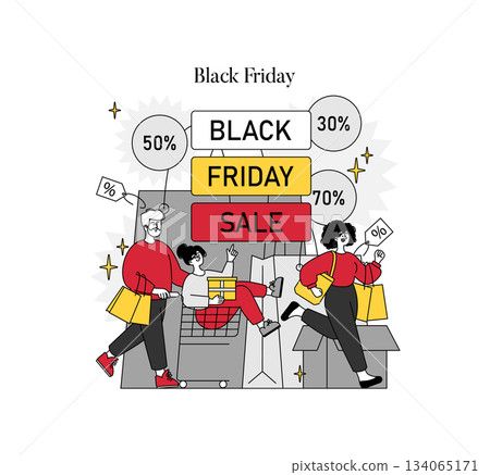 Black Friday vector illustration featuring people shopping with excitement and energy. Discount signs display 30%, 50%, and 70% sales. Bright colors highlight the festive shopping frenzy. 134065171