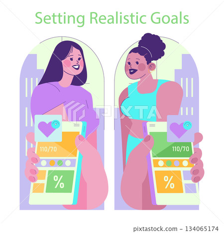 Vector illustration of two women discussing health insights on mobile apps. They review fitness progress and set realistic goals. Aimed at promoting healthy lifestyle and motivation. 134065174