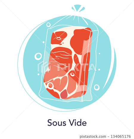 Sous vide cooking meat vector illustration. Depicts a vacuum-sealed bag containing meat immersed in water for sous vide cooking. Highlights the sous vide technique in a stylized graphic. 134065176