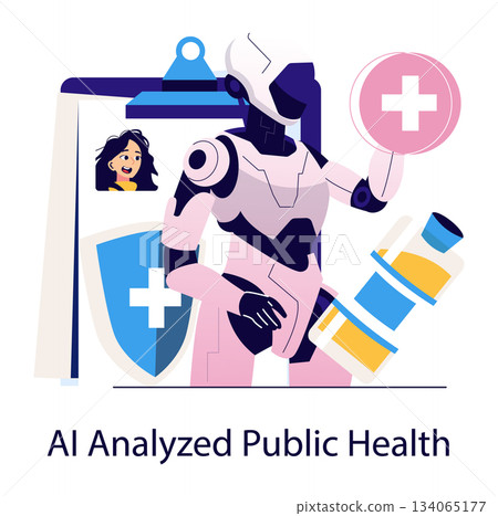 AI robot interacts with medical elements, highlighting technological advancements in healthcare. A futuristic representation of AI's role in public health and medical research. 134065177