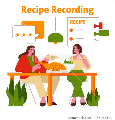 Vector illustration of two friends enjoying a meal and recording recipes at a table. They are engaged in conversation, expressing joy and sharing culinary ideas with colorful elements. 134065179