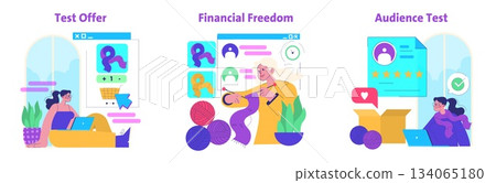 Vector illustration showcasing diverse themes like online shopping, financial planning, and audience testing. Characters interact with digital elements, expressing creativity and innovation. 134065180