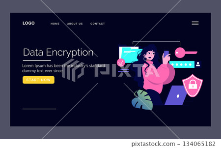 Vector illustration of a woman interacting with data encryption elements on a tech interface. The illustration emphasizes digital security and encryption concepts, featuring icons and design elements. Vector illustration of a woman interacting with data encryption elements on a tech interface. The illustration emphasizes digital security and encryption concepts, featuring icons and design elements. 134065182