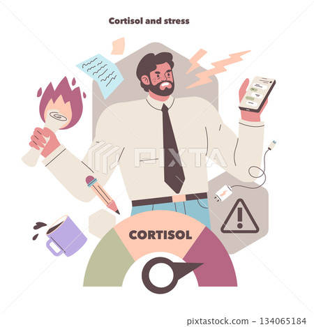 Vector illustration of an overwhelmed person juggling multiple tasks symbolizing high cortisol levels and stress. Objects like a burning torch and smartphone highlight work pressure. Vector illustration of an overwhelmed person juggling multiple tasks symbolizing high cortisol levels and stress. Objects like a burning torch and smartphone highlight work pressure. 134065184