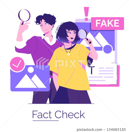 Vector illustration of two people holding magnifying glasses, inspecting images for authenticity. Emphasizes the importance of fact-checking and detecting fake information. 134065185