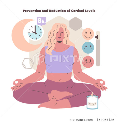 Woman practicing meditation for cortisol reduction, sitting cross-legged with calm expression. Surrounded by symbols representing sleep, mood, and relaxation in vector style. 134065186