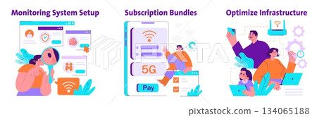 Vector illustration showcasing monitoring system setup, subscription bundles, and infrastructure optimization. People interact with digital interfaces, displaying modern technology concepts. 134065188