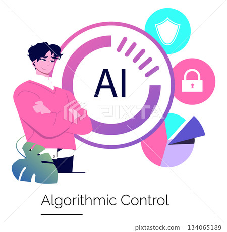 Vector illustration showing a person confidently managing artificial intelligence surrounded by security icons, representing AI control and technology integration. Vector illustration showing a person confidently managing artificial intelligence surrounded by security icons, representing AI control and technology integration. 134065189