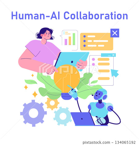 Vector illustration depicting human-AI collaboration featuring a lightbulb symbolizing a new idea. A robot and a human interact with digital elements, showcasing teamwork. 134065192