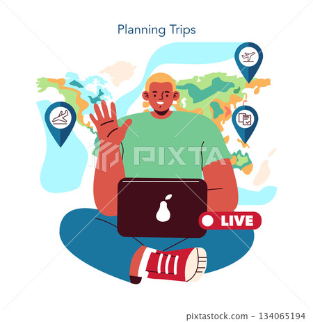 Person seated cross-legged, using a laptop while planning trips. Live interaction is indicated, with a world map featuring travel icons in the background. Vector illustration. Person seated cross-legged, using a laptop while planning trips. Live interaction is indicated, with a world map featuring travel icons in the background. Vector illustration. 134065194