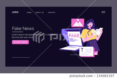 Vector illustration of a woman examining fake news on a computer screen. The image depicts skepticism and critical analysis, highlighting the importance of media literacy. 134065197