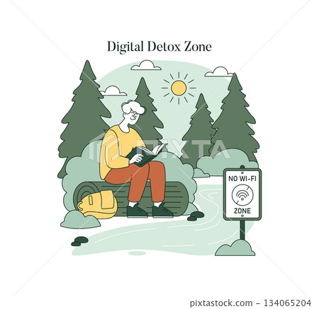 Vector illustration of a person enjoying a digital detox by reading a book in a serene nature setting. They sit on a log near a no Wi-Fi zone sign, embracing peace and relaxation. 134065204