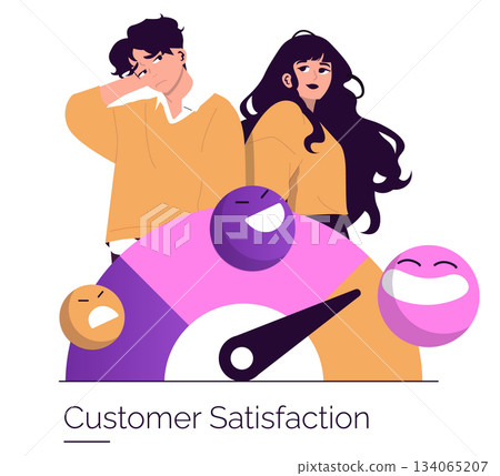 Vector illustration depicting customer satisfaction levels with a gauge. Two individuals express different emotions as a meter reflects varying degrees of satisfaction. 134065207