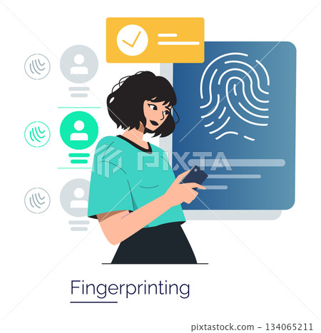 Vector illustration depicting a woman interacting with a mobile device for fingerprint verification. Emphasizes digital security, biometric authentication, and modern technology use. 134065211
