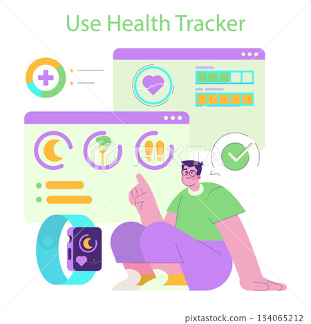 Vector illustration of a person interacting with a health tracker interface. Displays icons for activity tracking, nutrition, and heart rate monitoring, promoting wellness and healthy living. 134065212