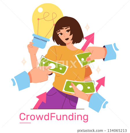 Vector illustration of a person holding a light bulb while multiple hands offer money, symbolizing crowdfunding. The image conveys innovation, support, and financial contribution. Vector illustration of a person holding a light bulb while multiple hands offer money, symbolizing crowdfunding. The image conveys innovation, support, and financial contribution. 134065213