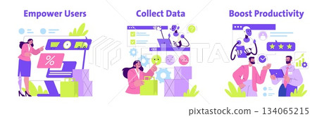 Colorful vector illustration depicting user empowerment, data collection, and productivity boost. Features a diverse group interacting with technology, expressing positive engagement. Colorful vector illustration depicting user empowerment, data collection, and productivity boost. Features a diverse group interacting with technology, expressing positive engagement. 134065215