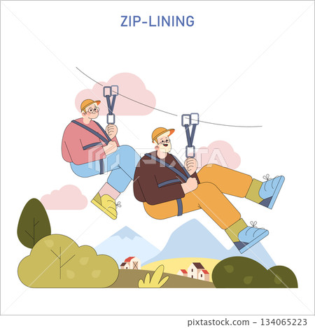 Two people enjoying an exhilarating zip-lining experience in a scenic landscape, shown in vector illustration style. The image captures the thrill and excitement of this adventurous activity. 134065223