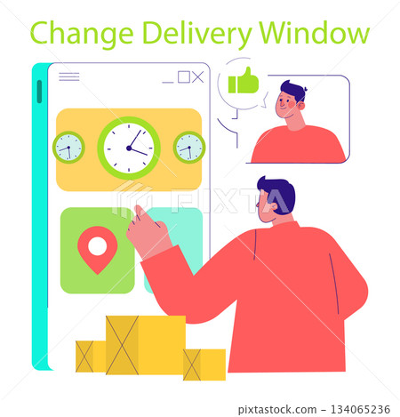 Vector illustration showing a person selecting a new delivery window on a digital interface. The image includes package boxes, clocks, and a happy individual with a thumbs-up. 134065236