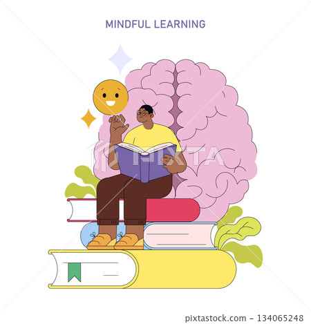 Vector illustration of a person reading on books with a large brain in the background. The scene represents mindful learning, with a focus on education and concentration. Vector illustration of a person reading on books with a large brain in the background. The scene represents mindful learning, with a focus on education and concentration. 134065248