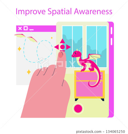 Vector illustration depicting a playful interaction with a finger pointing to a small dragon on a digital interface. Emphasizes spatial awareness and interactive elements for learning. Vector illustration depicting a playful interaction with a finger pointing to a small dragon on a digital interface. Emphasizes spatial awareness and interactive elements for learning. 134065250
